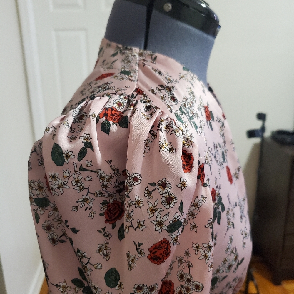 ZARA Mini Dress Pink Floral Print v-neck puff sleeve ruching XS Coquette Girl - Picture 6 of 8